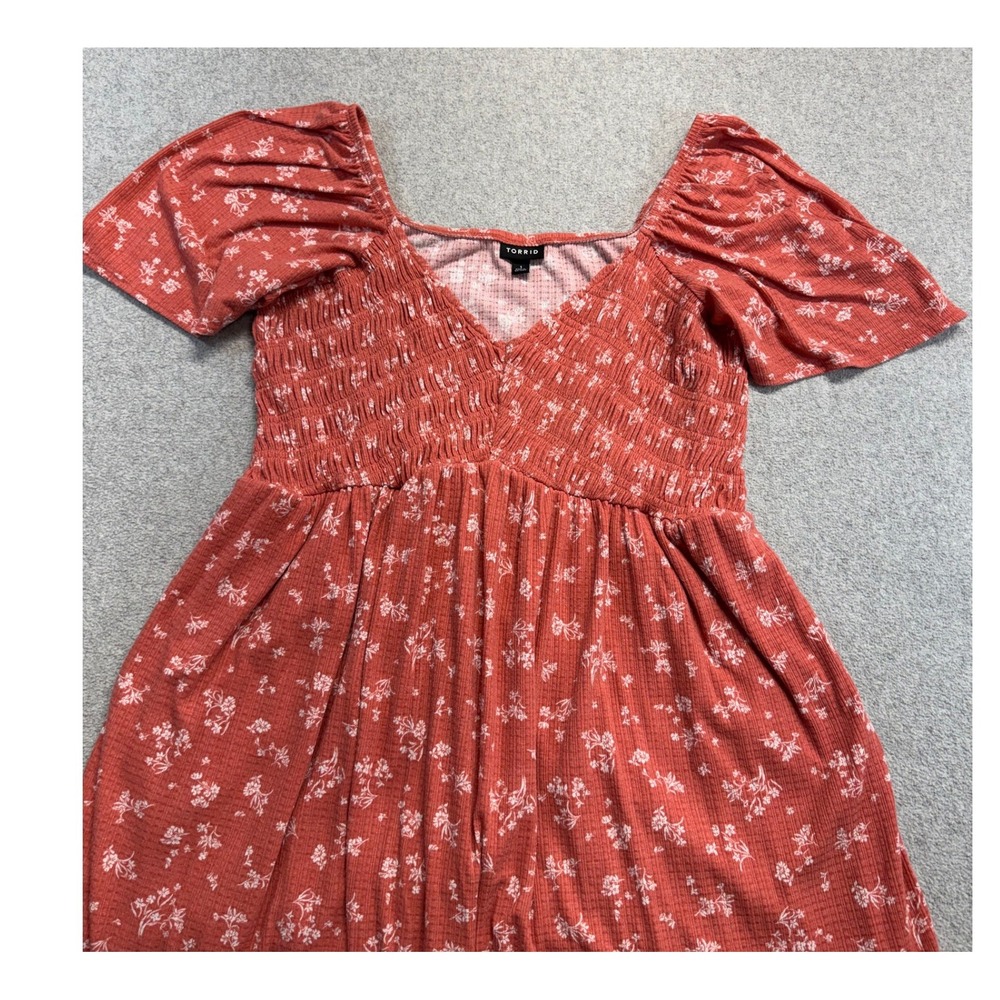 Torrid Midi Dress Womens 1 Rust Orange Floral Smocked V-Neck Flutter Sleeve Boho